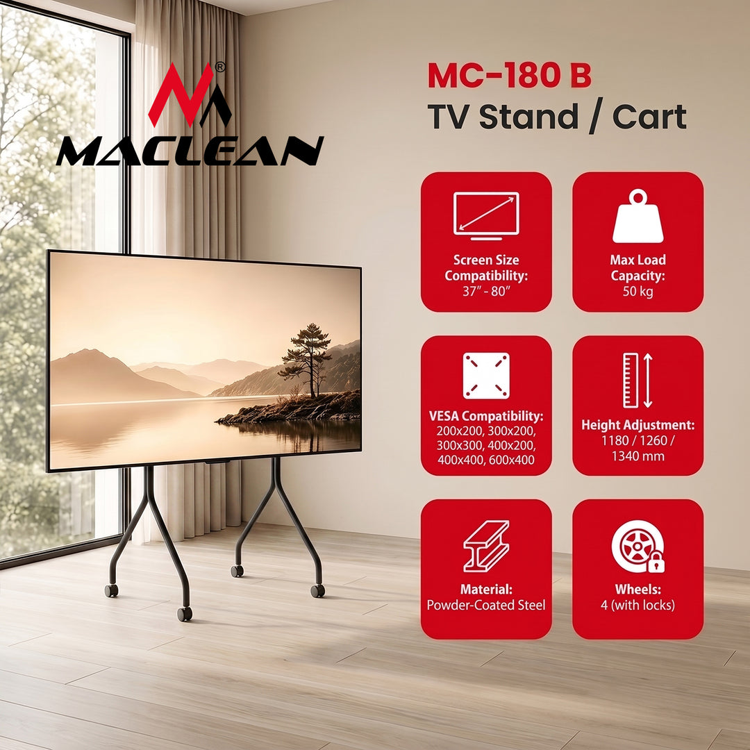 Maclean TV-Ständer/Rollwagen, auf Rollen, 37–80", max. Tragkraft 50 kg, max. VESA 600 × 400, schwarz, MC-180 B