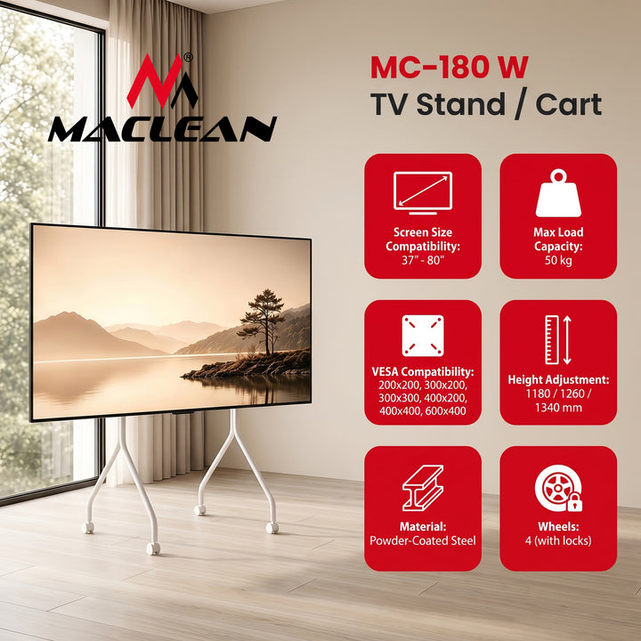 Maclean TV-Ständer/Rollwagen, auf Rollen, 37–80", max. Tragkraft 50 kg, max. VESA 600 × 400, weiß, MC-180 W