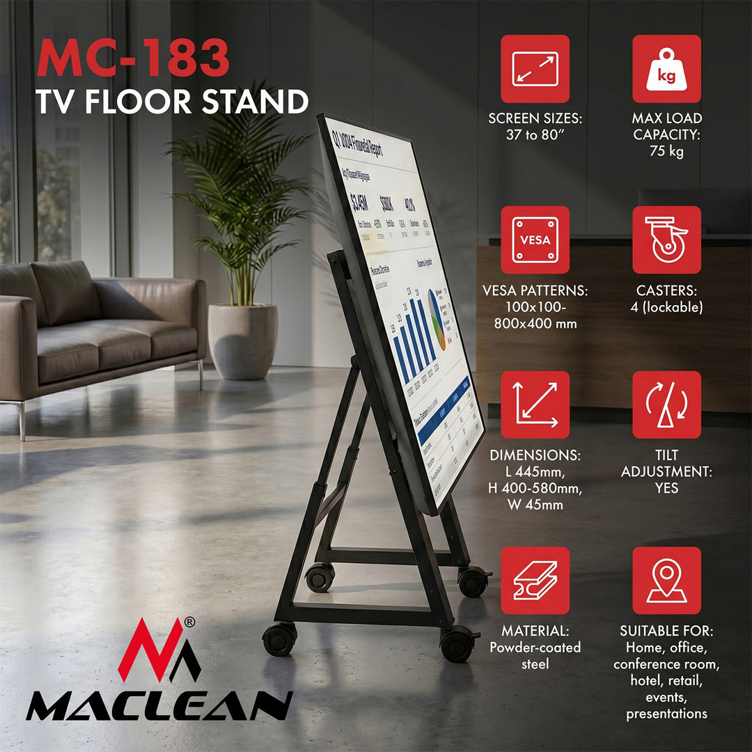 Maclean TV-Rollwagen/-Ständer, 37–80", max. VESA 800×400, max. 75 kg, mobil, mit Feststellbremsen, MC-183