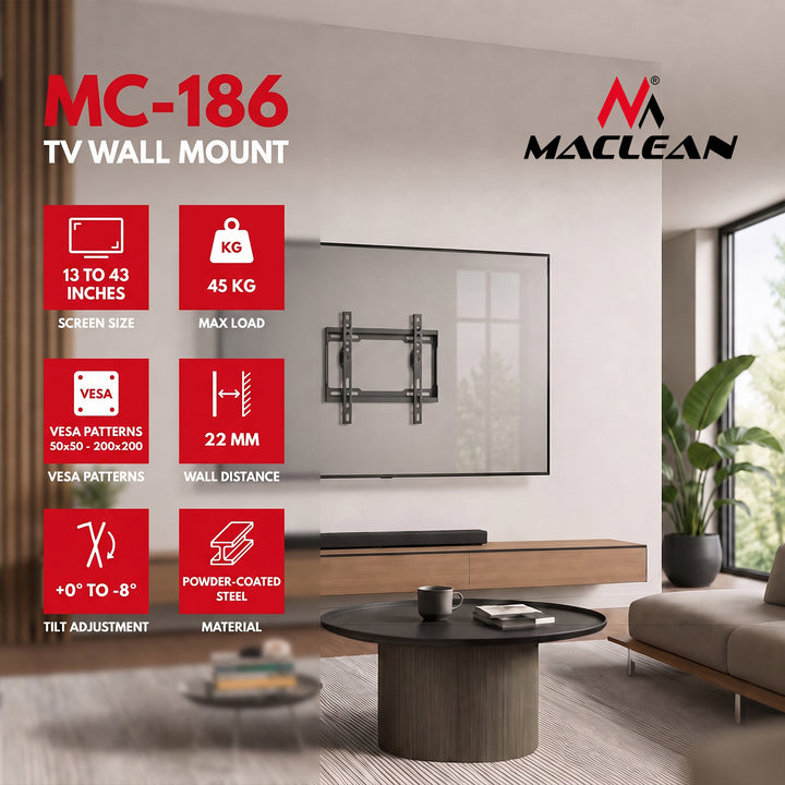 Maclean TV-Halterung/Aufhängung, max. VESA 200x200, 13–43", bis zu 45 kg, schwarz, Neigungsverstellung 0°–8°, MC-186