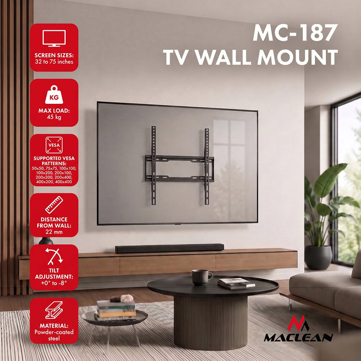 Maclean TV-Halterung/Aufhängung, max. VESA 400x400, 32–75", bis zu 45 kg, schwarz, Neigungsverstellung 0°–-8°, MC-187