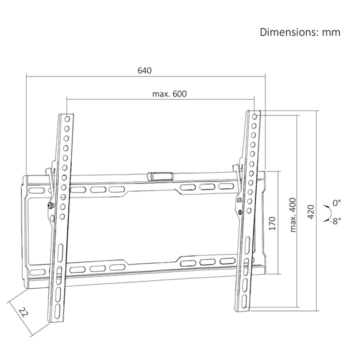 Maclean TV-Halterung/Aufhängung, max. VESA 600x400, 37–86", bis zu 45 kg, schwarz, Neigungsverstellung 0°–8°, MC-188