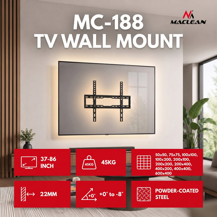 Maclean TV-Halterung/Aufhängung, max. VESA 600x400, 37–86", bis zu 45 kg, schwarz, Neigungsverstellung 0°–8°, MC-188