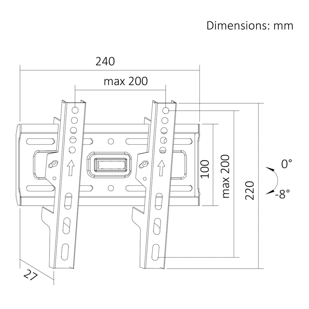 Maclean TV-Halterung/Aufhängung, max. VESA 200x200, 13–43", bis zu 45 kg, schwarz, Neigungsverstellung +2° bis -10°, MC-189