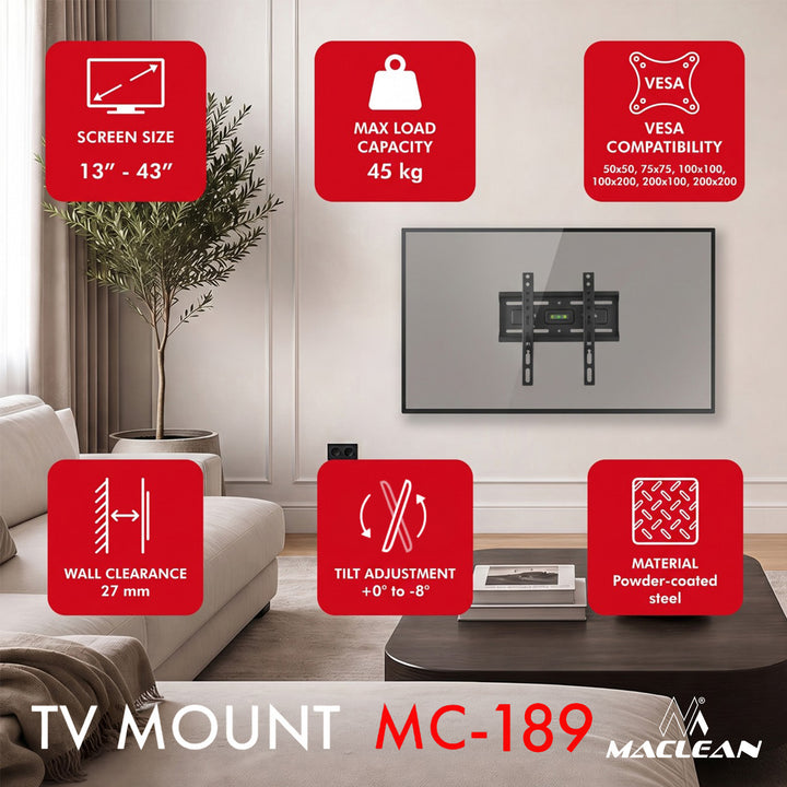 Maclean TV-Halterung/Aufhängung, max. VESA 200x200, 13–43", bis zu 45 kg, schwarz, Neigungsverstellung +2° bis -10°, MC-189