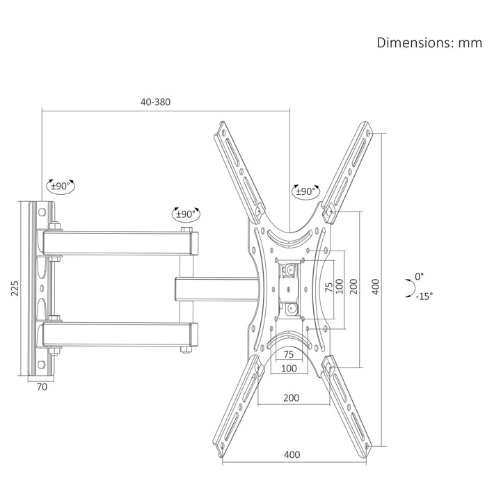 Maclean TV-Halterung/Aufhängung, max. VESA 400x400, 32–55", bis zu 25 kg, schwarz, Neigungsverstellung 0°–-15° und Schwenkverstellung +90°–-90°, MC-190