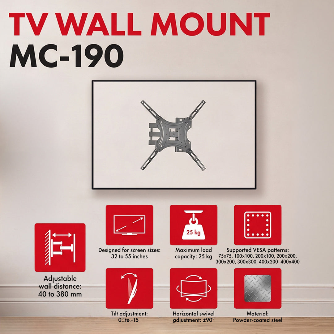 Maclean TV-Halterung/Aufhängung, max. VESA 400x400, 32–55", bis zu 25 kg, schwarz, Neigungsverstellung 0°–-15° und Schwenkverstellung +90°–-90°, MC-190