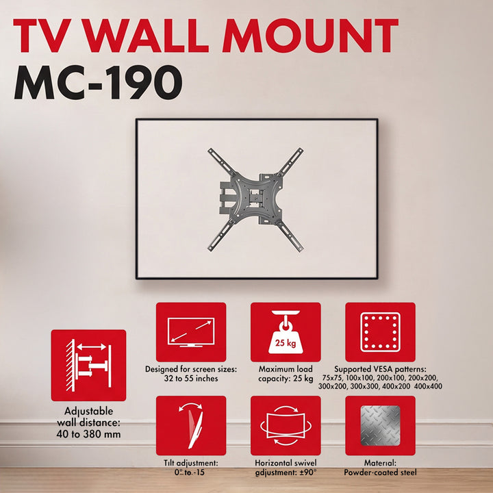 Maclean TV-Halterung/Aufhängung, max. VESA 400x400, 32–55", bis zu 25 kg, schwarz, Neigungsverstellung 0°–-15° und Schwenkverstellung +90°–-90°, MC-190