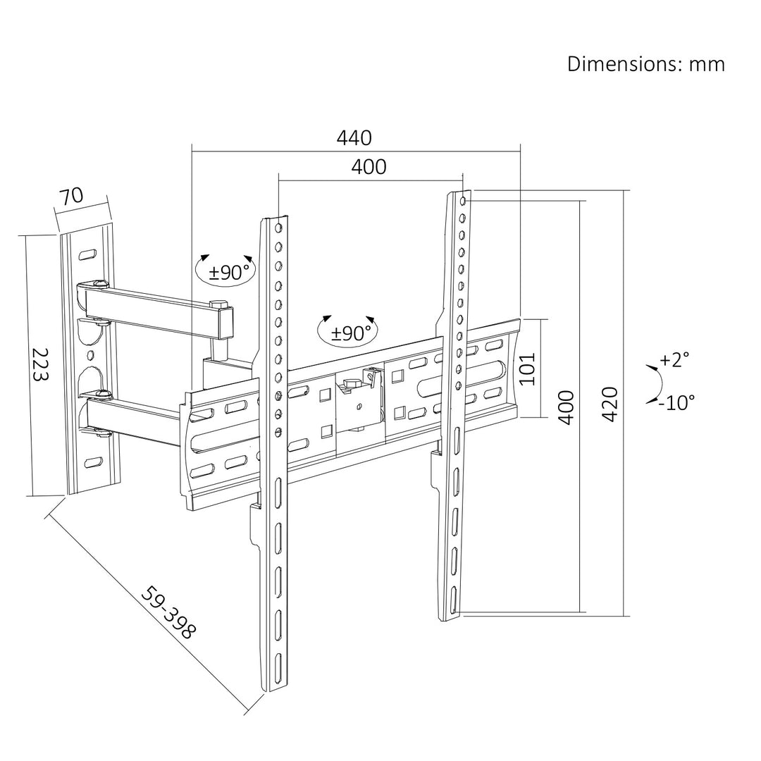 Maclean TV-Halterung/Aufhängung, max. VESA 400x400, 32–55", bis zu 30 kg, schwarz, Neigungsverstellung +2° bis -10° und Schwenkverstellung +90° bis -90°, MC-191