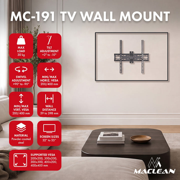 Maclean TV-Halterung/Aufhängung, max. VESA 400x400, 32–55", bis zu 30 kg, schwarz, Neigungsverstellung +2° bis -10° und Schwenkverstellung +90° bis -90°, MC-191