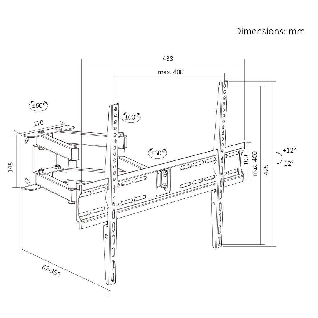 Maclean TV-Halterung/Aufhängung, max. VESA 400x400, 32–70", bis zu 40 kg, schwarz, Neigungsverstellung +12° bis -12° und Schwenkverstellung +60° bis -60°, MC-192