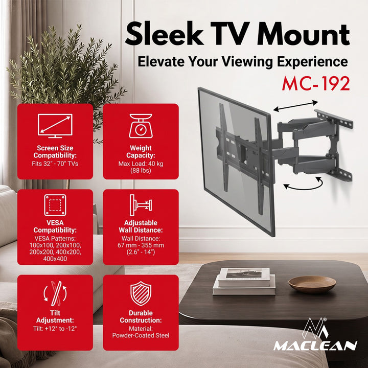 Maclean TV-Halterung/Aufhängung, max. VESA 400x400, 32–70", bis zu 40 kg, schwarz, Neigungsverstellung +12° bis -12° und Schwenkverstellung +60° bis -60°, MC-192