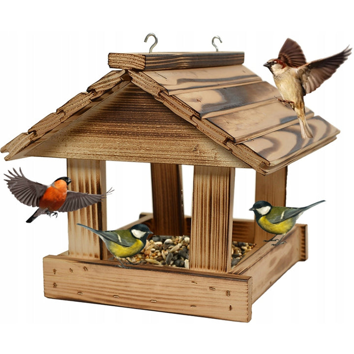 Woodok Vogelfutterhaus, Fichtenholz, gebrannt, starke Haken + Vogelfutter 1kg