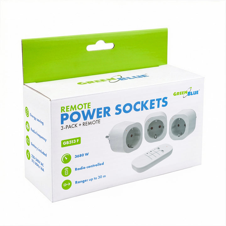 GreenBlue Fernbedienbare Steckdosen, 3 Stück, programmierbar, Reichweite bis zu 30 m, 220–240 V AC, 50/60 Hz, 16 A, 433 MHz, GB313 F