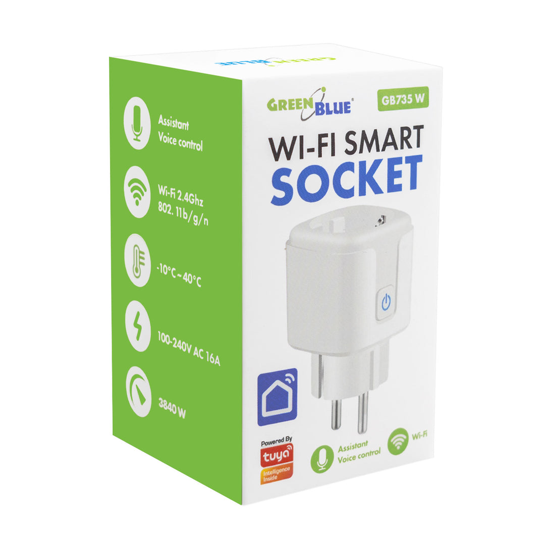 Ferngesteuerte GreenBlue-WLAN-Steckdose, Android/iOS/Alexa/Google Home, Timer, Leistungsmesser, max. 16 A/3840 W, GB735 W