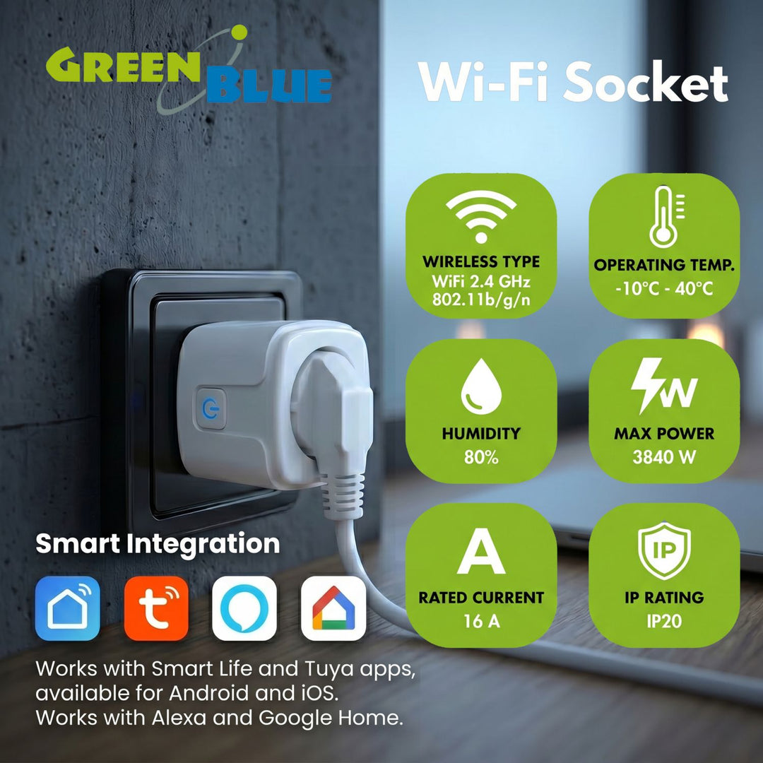 Ferngesteuerte GreenBlue-WLAN-Steckdose, Android/iOS/Alexa/Google Home, Timer, Leistungsmesser, max. 16 A/3840 W, GB735 W
