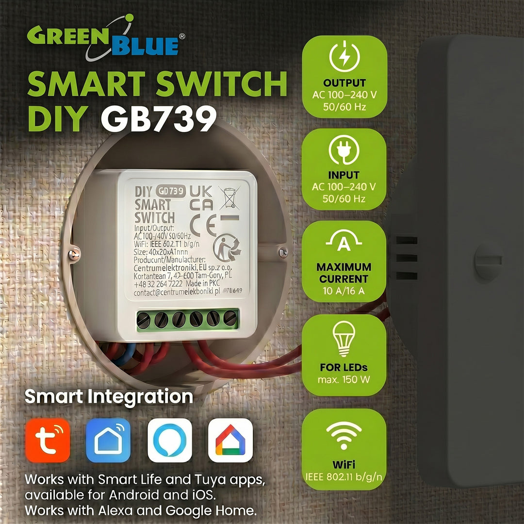 GreenBlue Unterputz-WLAN-Relais, Android/iOS/Alexa/Google Home, 100–240 V AC, 50/60 Hz, max. 16 A, für LED 150 W, GB739