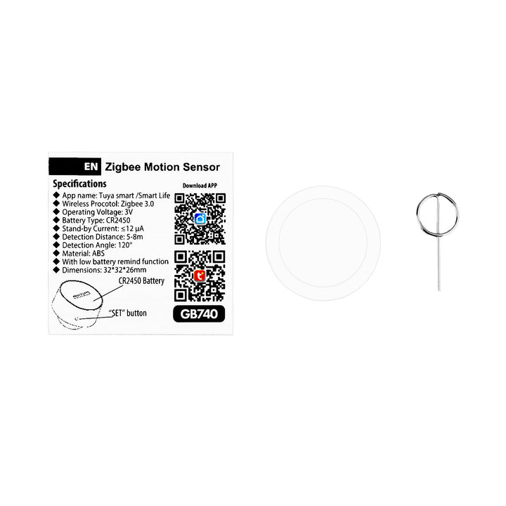 Drahtloser Zigbee-Bewegungssensor Tuya GreenBlue, Android/iOS, CR2450 DC 3,0 V, Erfassungswinkel 120° / bis zu 8 m, GB740