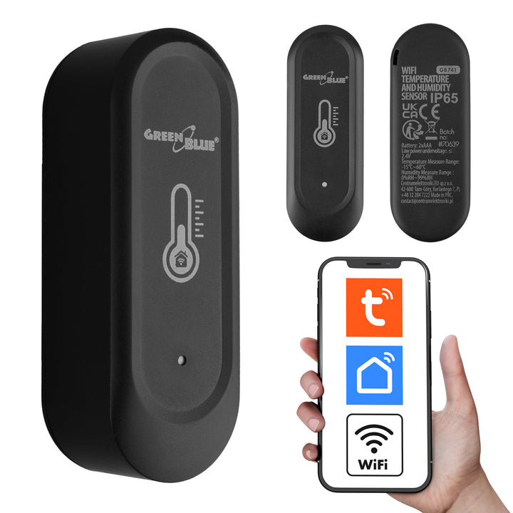 GreenBlue WLAN-Außensensor für Temperatur und Luftfeuchtigkeit, Android/iOS, 3,0 V DC, LR03x2, IP65, GB741
