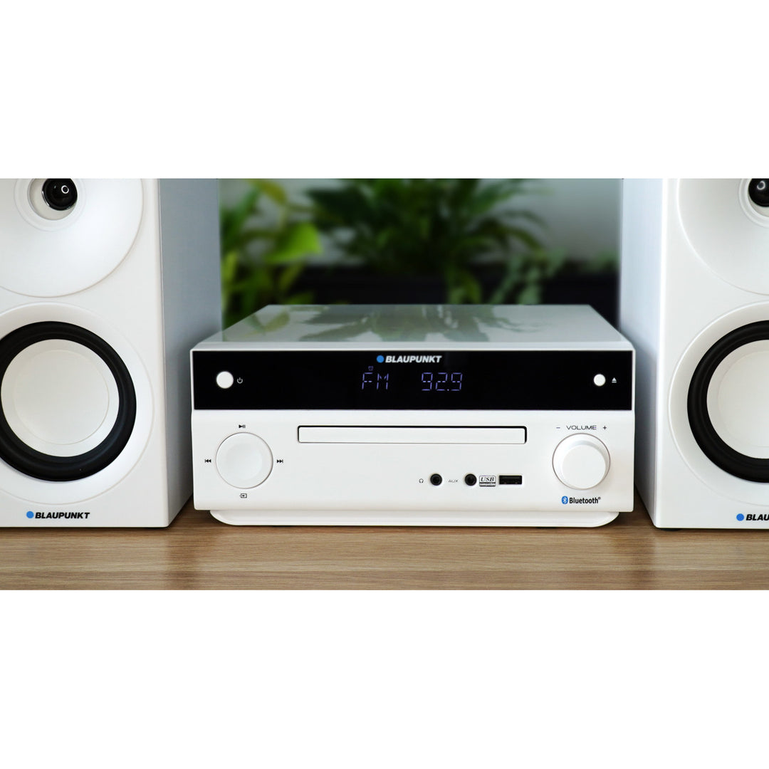 Blaupunkt Micro-Stereoanlage, Leistung 150 W, FM-Radio, AUX-Anschluss und USB-Anschluss, Bluetooth, HDMI-Eingang, Wecker, LED-Display, Farbe: Weiß, MS30.02BT