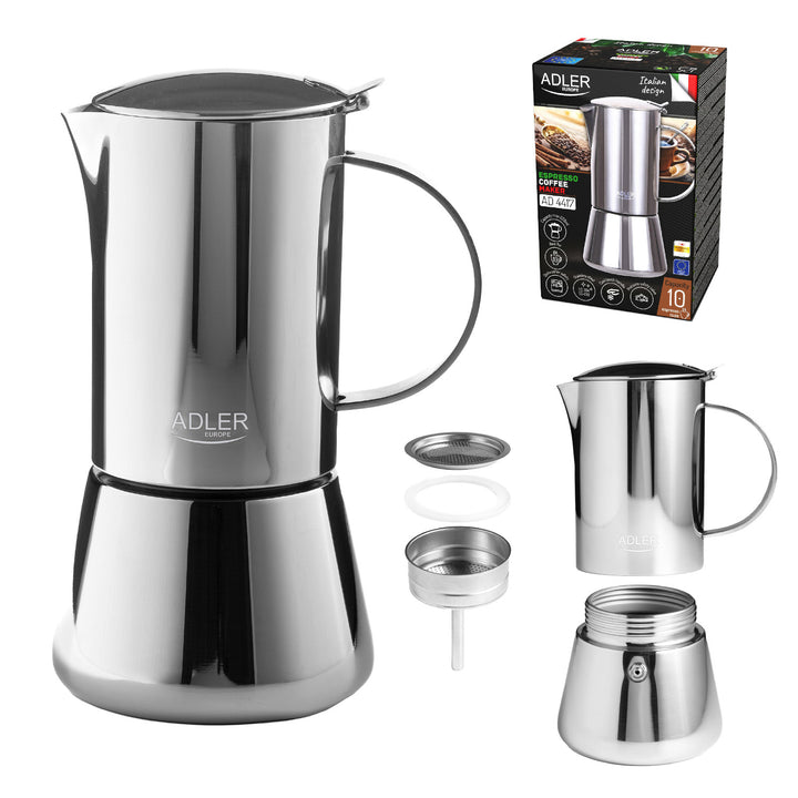 Adler Kaffeemaschine, Espresso-Kaffeemaschine, Fassungsvermögen 620 ml, Farbe: Stahlsilber, AD 4417