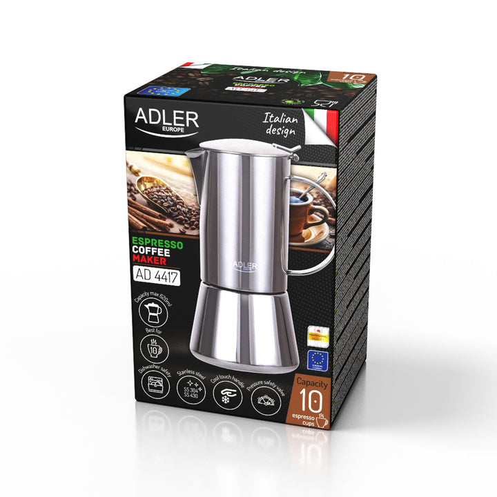Adler Kaffeemaschine, Espresso-Kaffeemaschine, Fassungsvermögen 620 ml, Farbe: Stahlsilber, AD 4417