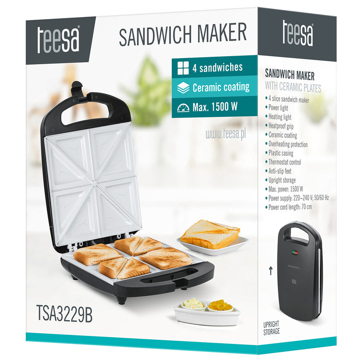 Teesa Sandwichtoaster, Keramikplatten, für 4 Sandwiches, maximale Leistung 1500 W, TSA3229B