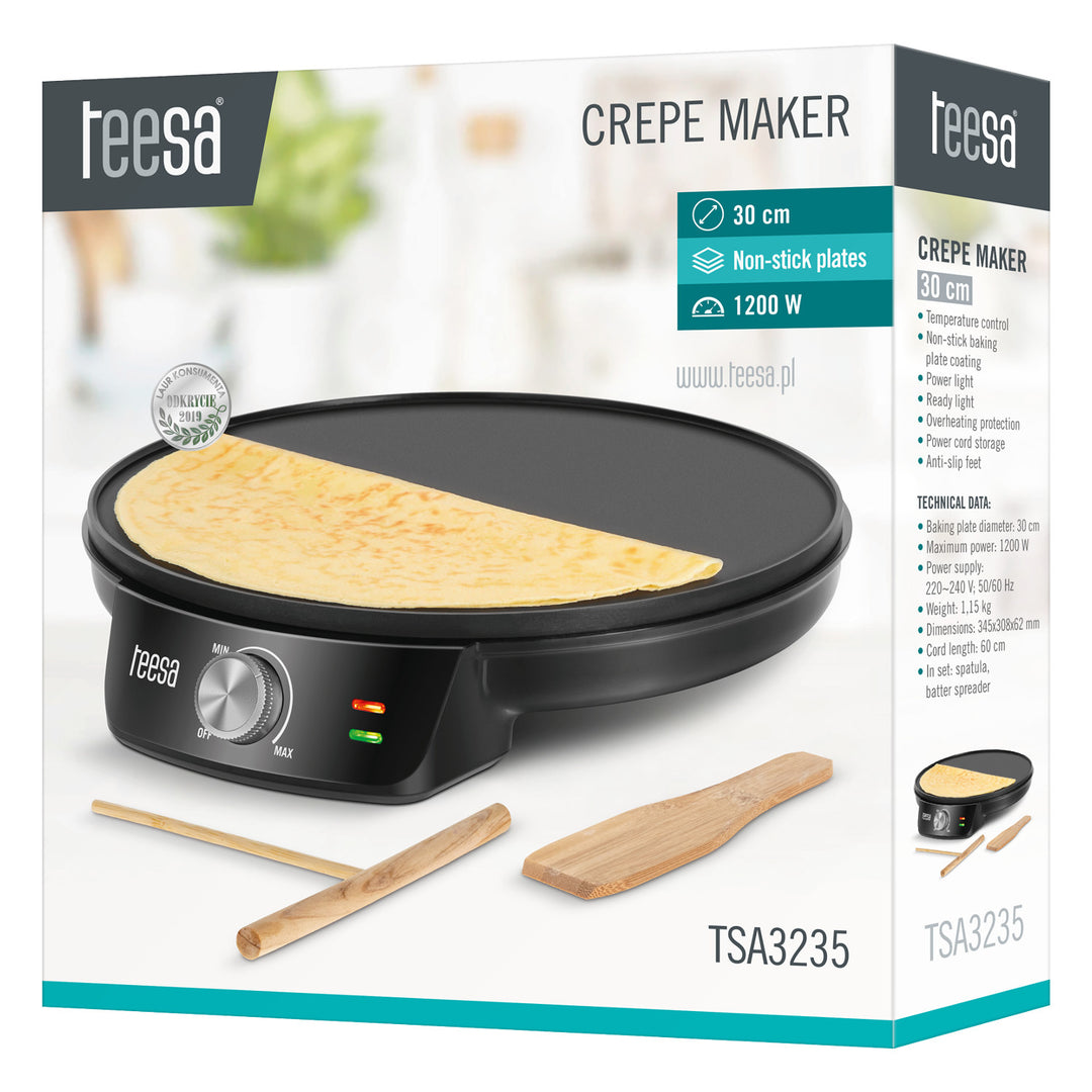 Teesa Pfannkuchenpfanne, elektrische Pfannkuchenpfanne, Durchmesser 30 cm, Leistung 1200 W, TSA3235