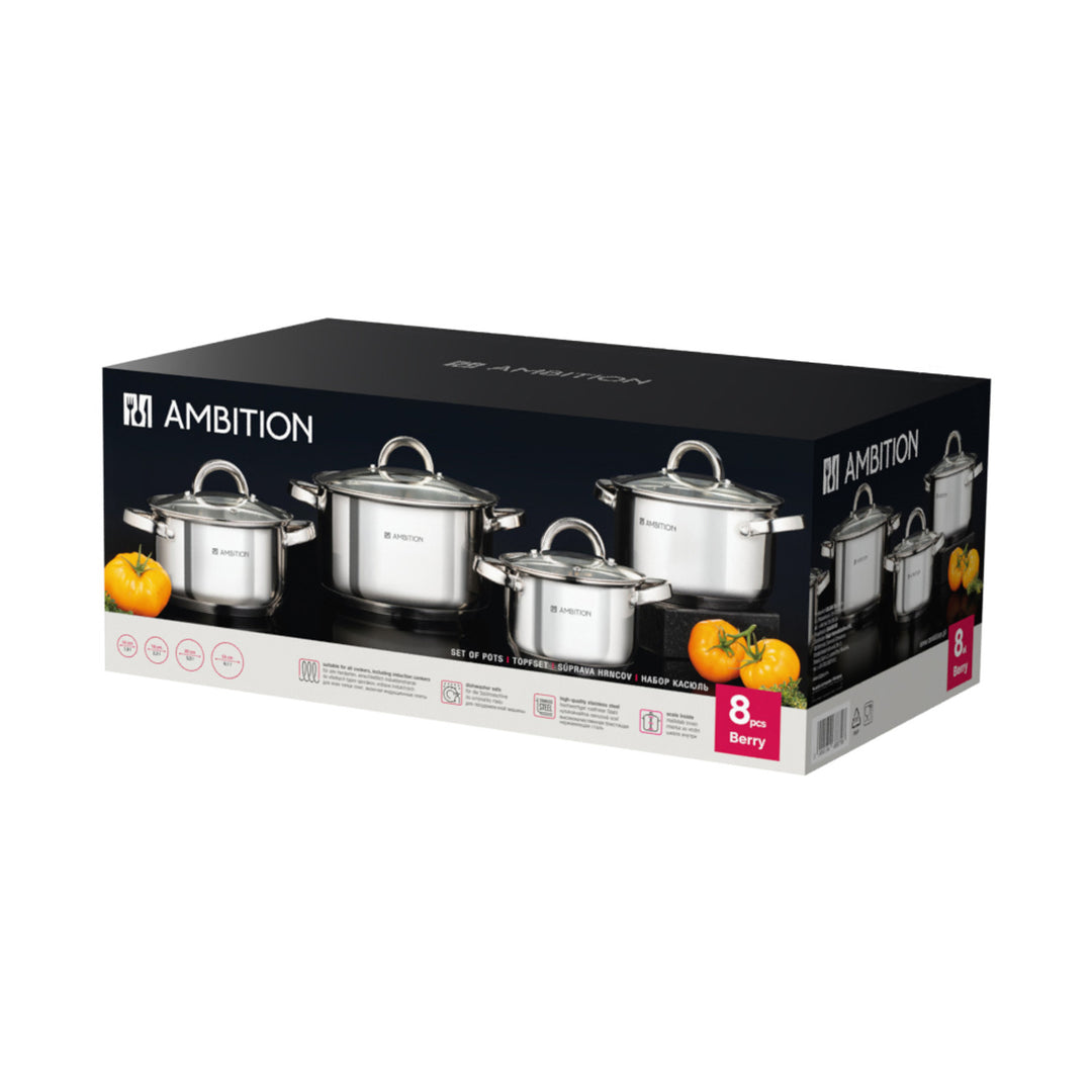 Ambition Kochgeschirrset, Edelstahl, 8-teilig, dicker Boden, Berry