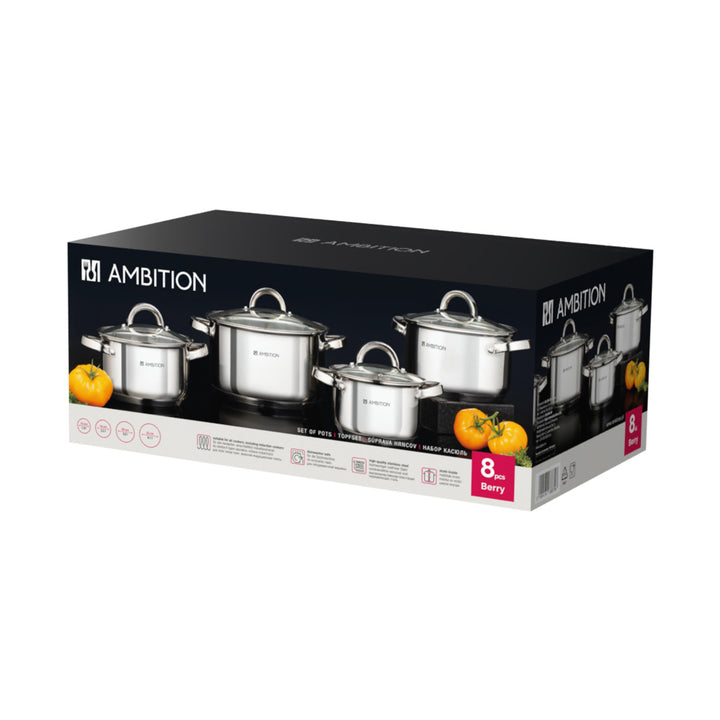Ambition Kochgeschirrset, Edelstahl, 8-teilig, dicker Boden, Berry