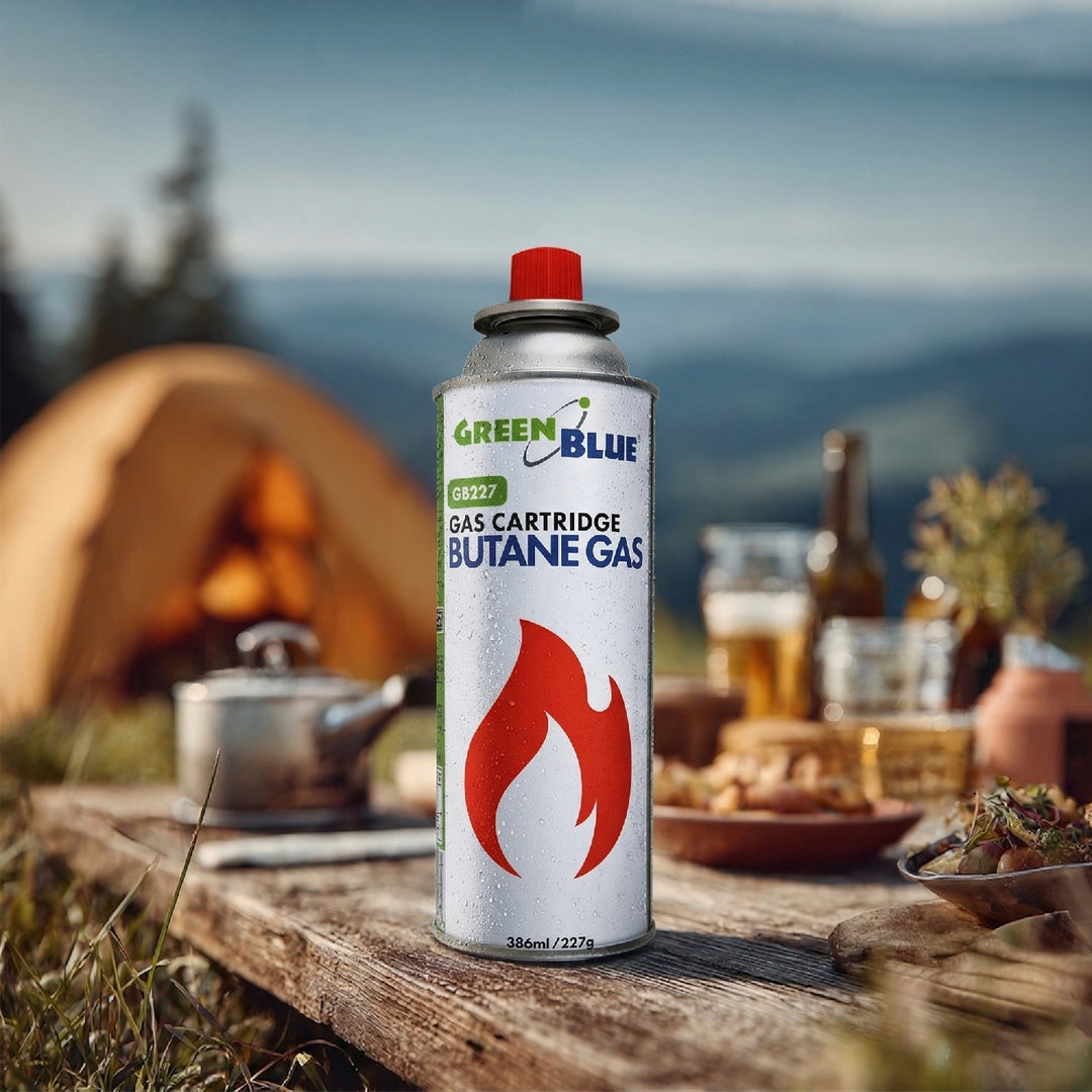 GreenBlue-Gaskartusche 227 g. Zertifikat: Pi 0875, entspricht der Norm EN 417, Butan, Einsatzbereich -10 °C bis +40 °C, GB227