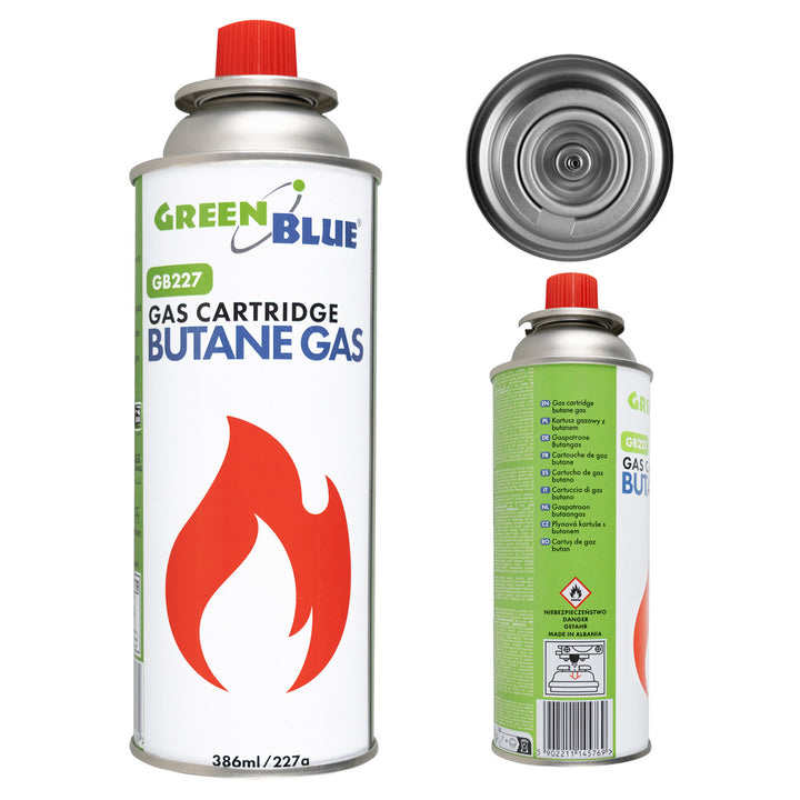 GreenBlue-Gaskartusche 227 g. Zertifikat: Pi 0875, entspricht der Norm EN 417, Butan, Einsatzbereich -10 °C bis +40 °C, GB227