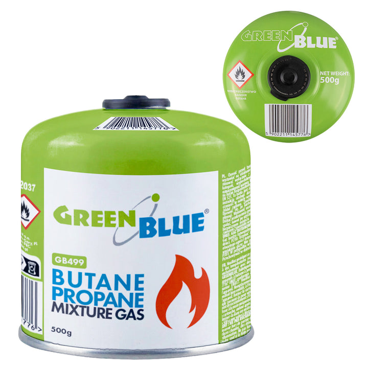 GreenBlue-Gaskartusche 500 g. Zertifizierung: Pi 0437, gemäß EN 417, Butan-Propan, Temperaturbereich -10 °C bis +40 °C, Gewindeventil 7/16'' GB499
