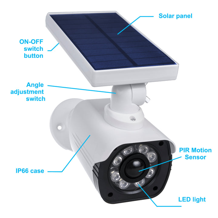 Solar-Kameraattrappe, blinkende LED, Bewegungssensor, LED-Beleuchtung, kostenloser Aufkleber, SOL1800S, 2 Stück