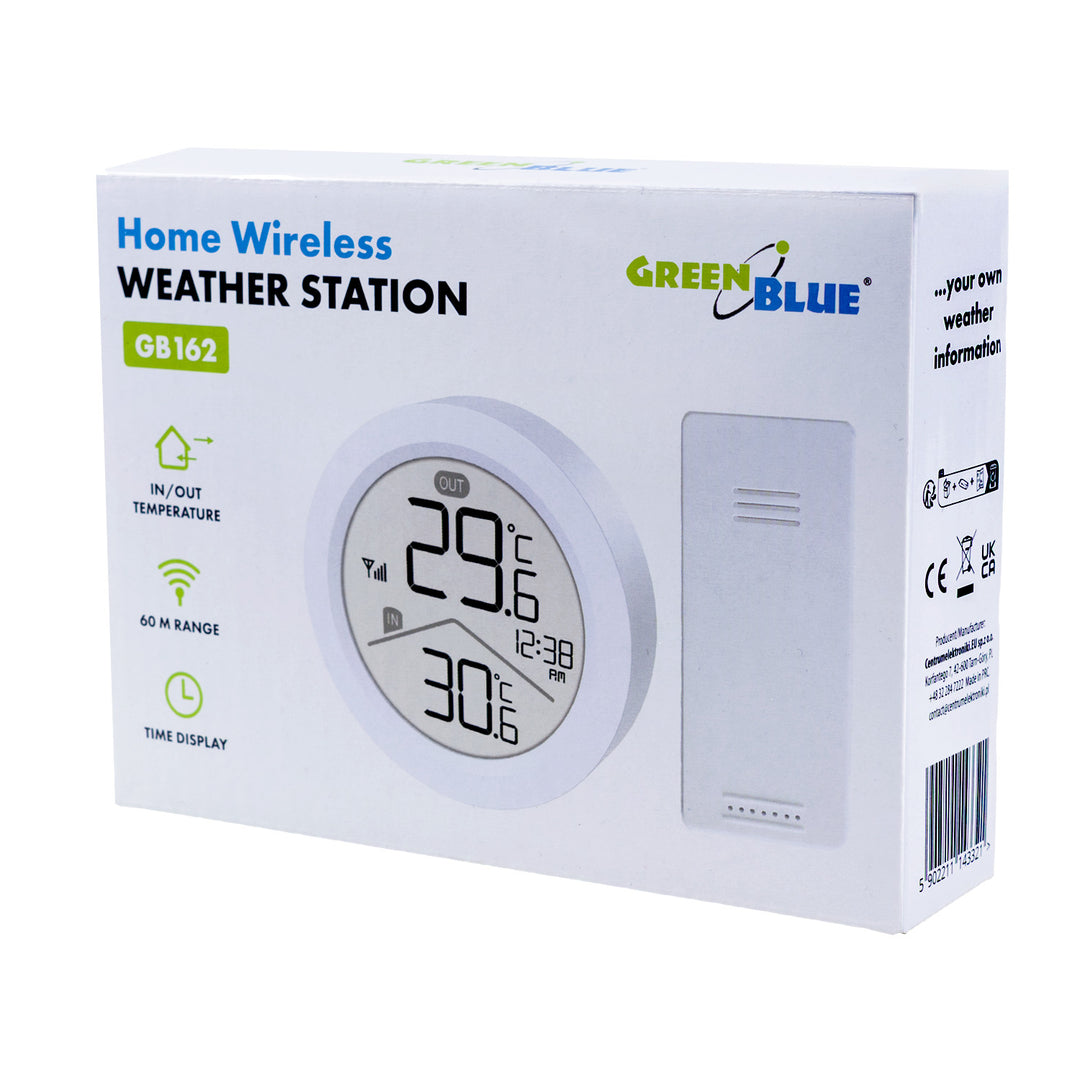 Drahtlose Wetterstation GreenBlue, Temperatur IN/OUT, Uhr, wahlweise °C / °F, Reichweite bis zu 60 m, GB162, 4x AAA-Batterie