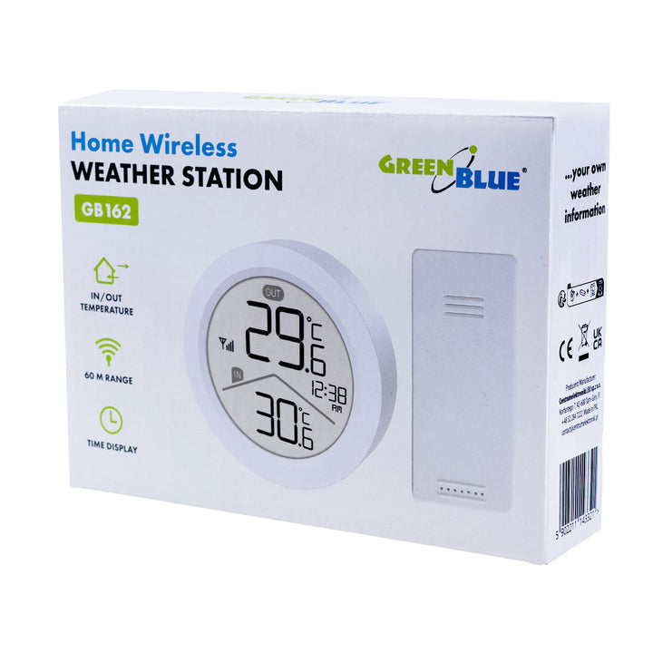Drahtlose Wetterstation GreenBlue, Temperatur IN/OUT, Uhr, wahlweise °C / °F, Reichweite bis zu 60 m, GB162, 4x AAA-Batterie