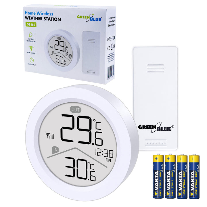 Drahtlose Wetterstation GreenBlue, Temperatur IN/OUT, Uhr, wahlweise °C / °F, Reichweite bis zu 60 m, GB162, 4x AAA-Batterie
