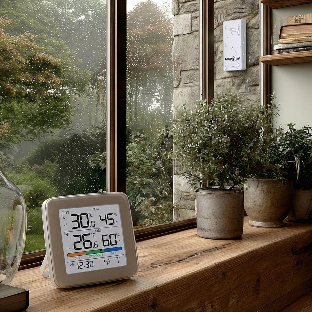 Drahtlose Wetterstation GreenBlue, Temperatur + Luftfeuchtigkeit IN/OUT, Uhr + Alarm + Datum, wahlweise °C / °F, Reichweite bis zu 60 m, GB169, 4x AAA-Batterie