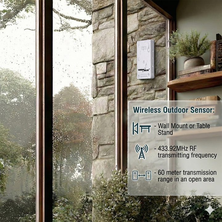 Drahtlose Wetterstation GreenBlue, Temperatur + Luftfeuchtigkeit IN/OUT, Uhr + Alarm + Datum, wahlweise °C / °F, Reichweite bis zu 60 m, GB169, 4x AAA-Batterie
