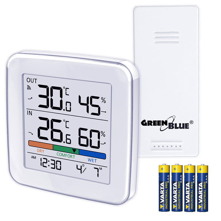 Drahtlose Wetterstation GreenBlue, Temperatur + Luftfeuchtigkeit IN/OUT, Uhr + Alarm + Datum, wahlweise °C / °F, Reichweite bis zu 60 m, GB169, 4x AAA-Batterie