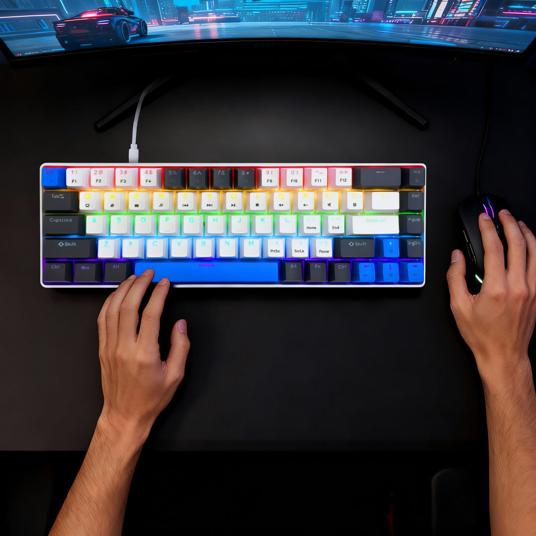 RED CORE MX60 – Mechanische Gaming-Tastatur vom Typ Short 60 %, mechanische Silent RED-Schalter, farbige Hintergrundbeleuchtung, 68 Tasten, USB-C. Farbe: weiß/blau. Mediatech