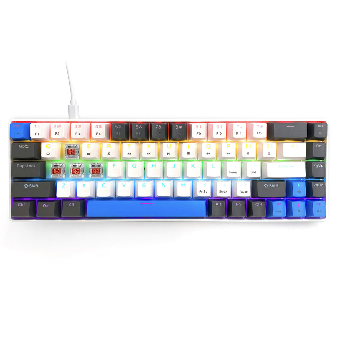 RED CORE MX60 – Mechanische Gaming-Tastatur vom Typ Short 60 %, mechanische Silent RED-Schalter, farbige Hintergrundbeleuchtung, 68 Tasten, USB-C. Farbe: weiß/blau. Mediatech