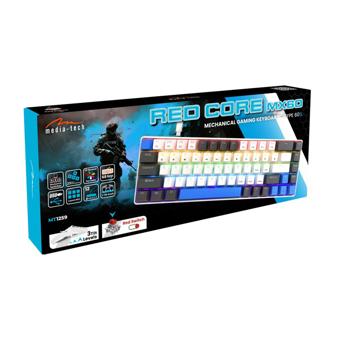 RED CORE MX60 – Mechanische Gaming-Tastatur vom Typ Short 60 %, mechanische Silent RED-Schalter, farbige Hintergrundbeleuchtung, 68 Tasten, USB-C. Farbe: weiß/blau. Mediatech