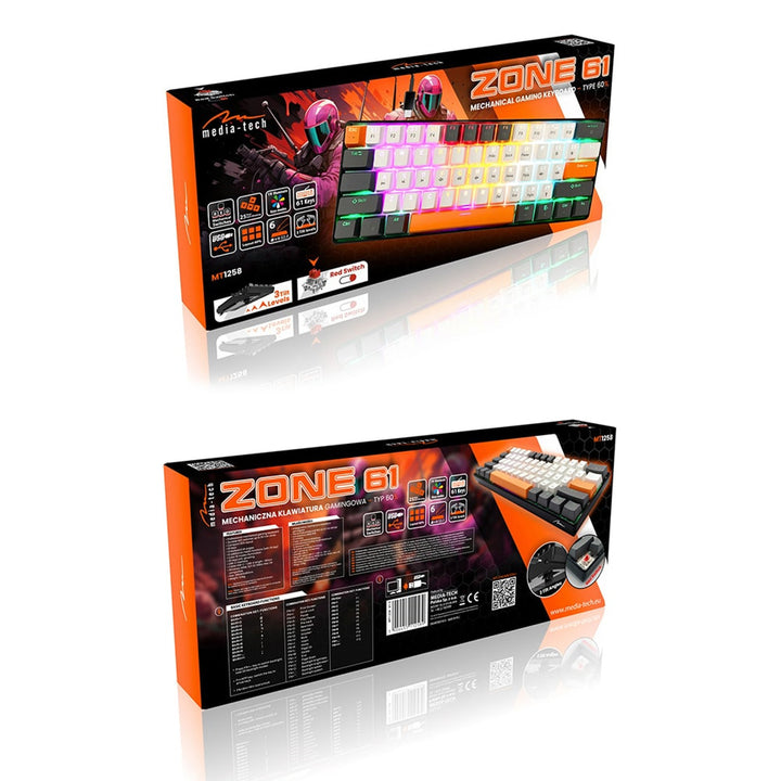 ZONE 61 – Mechanische Gaming-Tastatur, 60 % Short, mechanische Silent RED-Schalter, farbige Hintergrundbeleuchtung, 61 Tasten, USB-C, Mediatech