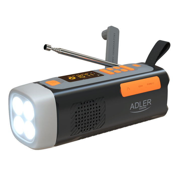 Adler Notfallradio mit Solarpanel, Kurbel und Powerbank, Bluetooth 5.0, 4-W-LED-Taschenlampe, 4500 mAh, AD 1920
