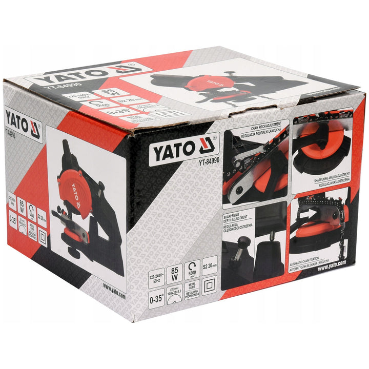 Elektrischer Schärfer Yato, für Kettensägenketten, Leistung 85 W, Drehzahl 5500 U/min, Schärfwinkel 0-35°, Metallführung, Kabel 1,8 m, YT-84990