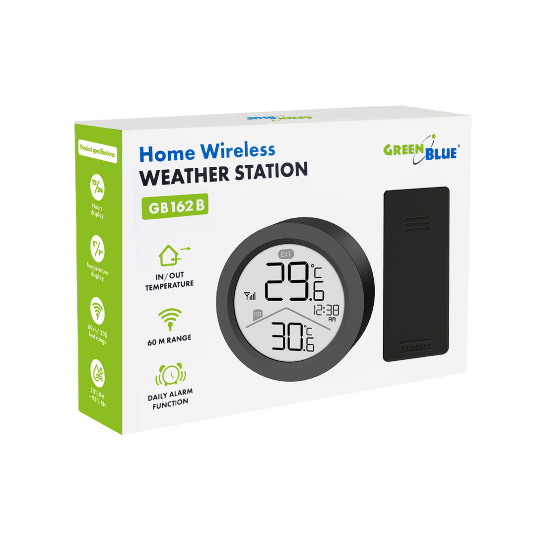 GreenBlue Funk-Wetterstation, Innen-/Außentemperatur, Uhr, wahlweise °C / °F, Reichweite bis zu 60 m, schwarz, GB162 B