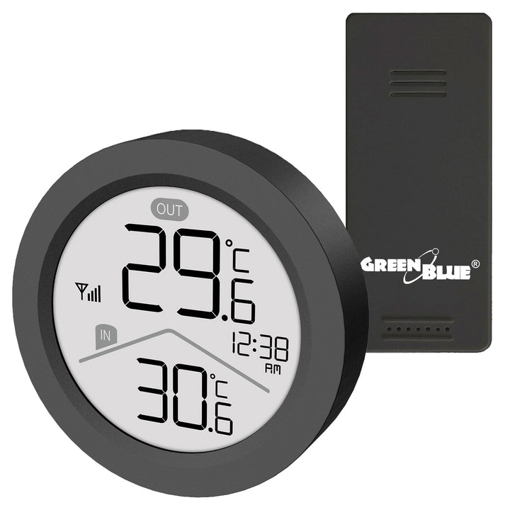 GreenBlue Funk-Wetterstation, Innen-/Außentemperatur, Uhr, wahlweise °C / °F, Reichweite bis zu 60 m, schwarz, GB162 B