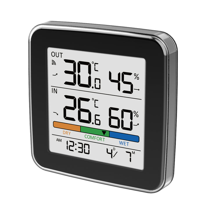 GreenBlue Funk-Wetterstation, Temperatur + Luftfeuchtigkeit IN/OUT, Uhr + Wecker + Datum, °C / °F, bis zu 60 m, schwarz, GB169 B