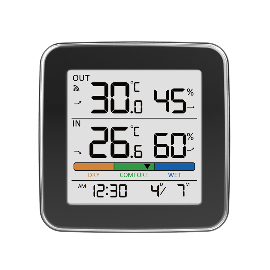 GreenBlue Funk-Wetterstation, Temperatur + Luftfeuchtigkeit IN/OUT, Uhr + Wecker + Datum, °C / °F, bis zu 60 m, schwarz, GB169 B